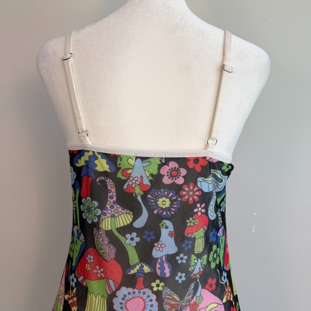 Wowo Mesh Overlay Mushroom Floral Print Slip Mini Dress XL Whimsigoth Fairy Y2K - Picture 5 of 9
